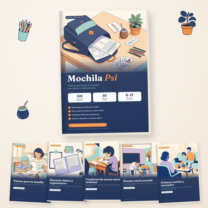 Mockup del kit Mochila Psi con una mochila ilustrada y cuadernillos de herramientas